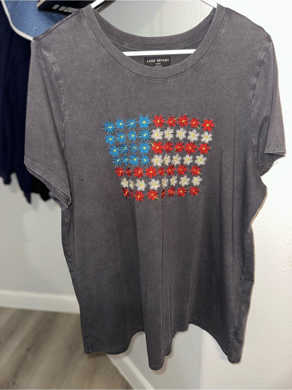 Lane Bryant Charcoal Graphic Floral Flag Tee - Blue/Red/White